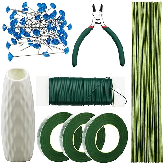 Floral Tape and Floral Wire Arrangement Tools Kit with Wire Cutter - 1 pcs vase, 16 Gauge Floral Stem Wire and 22 Gauge Paddle Wire, Boutonniere Pin, for Bouquet Stem Wrapping and Floral Crafts