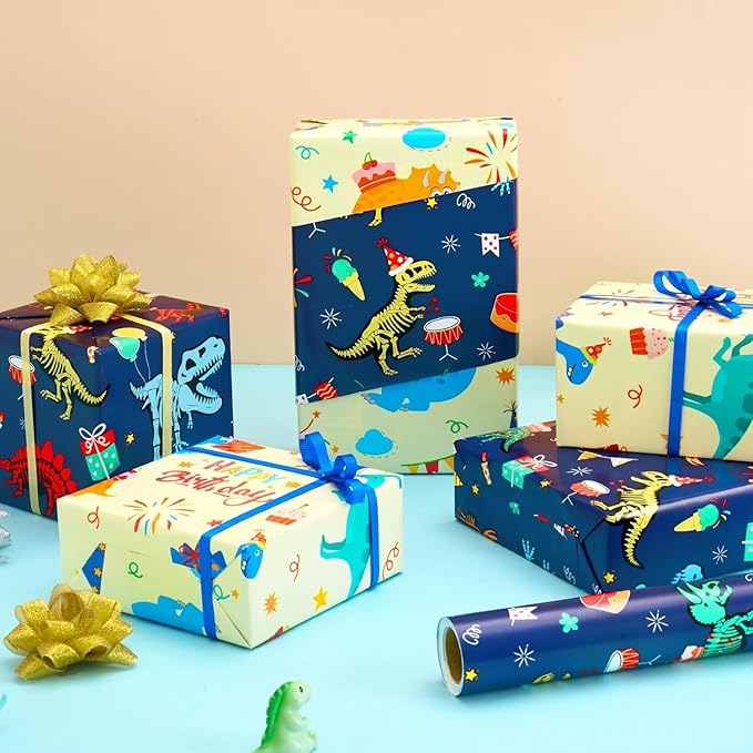 WERNNSAI Dinosaur Wrapping Paper Roll - 1 Roll 17”x 16.4ft Dinosaur Happy Birthday Gift Wrap Reversible Dino Gift Packing Roll for Kids Boys Birthday Baby Shower Decor Favor