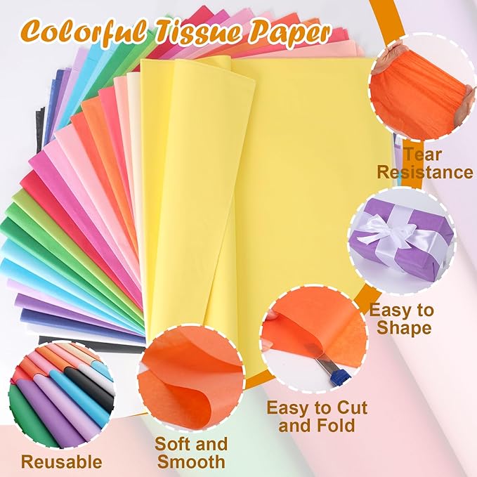 400 PCS Tissue Paper, 20 Colors 14" X 20" Tissue Papers Bulk for Packaging, Colored Tissue Paper for Gift Bags Crafts Birthday Party Flower Decoration