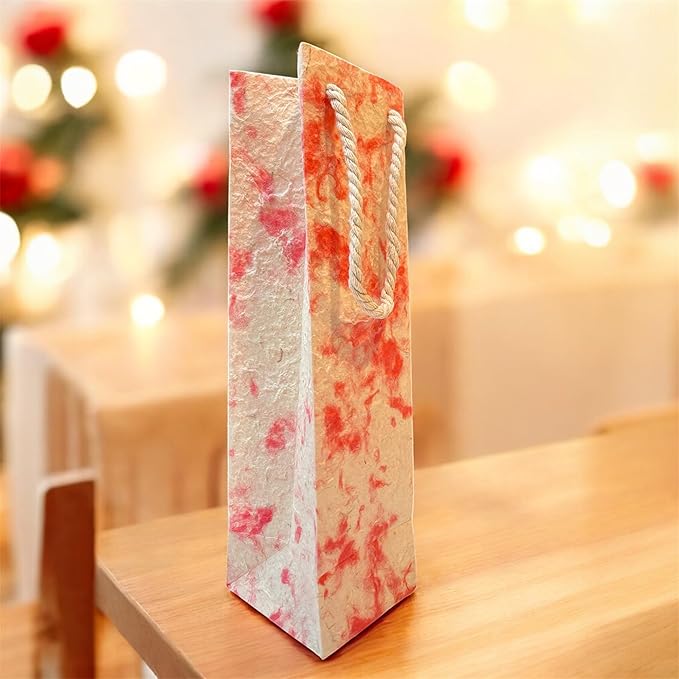 Paperry 14" Wine Gift Bag, Handmade Mulberry Paper, Multiple Design, Kozo Paper Bag, Reusable, Eco-Friendly, Single Pack (Red)