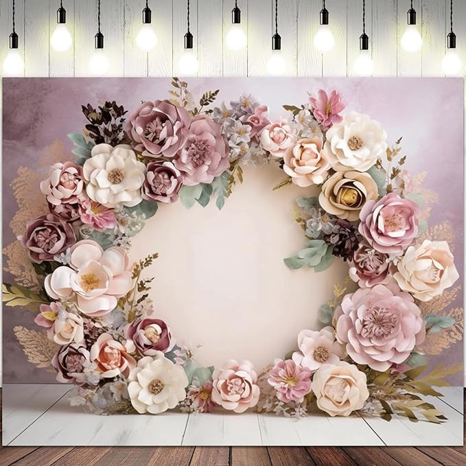 8x6ft Wedding Backdrop Purple Pink Floral Theme Photography Background White Flower Garland Green Leaves Bridal Shower Banner Decorations Girls Birthday Party Baby Portrait Photo Booth Prop
