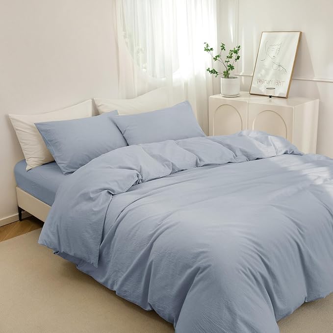 JIYUAN 100% Washed Cotton Duvet Cover Set 3 Pieces Full, 1 Duvet Cover 80x90 Inches(Comforter Not Included) and 2 Pillowcases,Linen Feel Bedding Set Comfy and Breathable, Heathered Light Blue