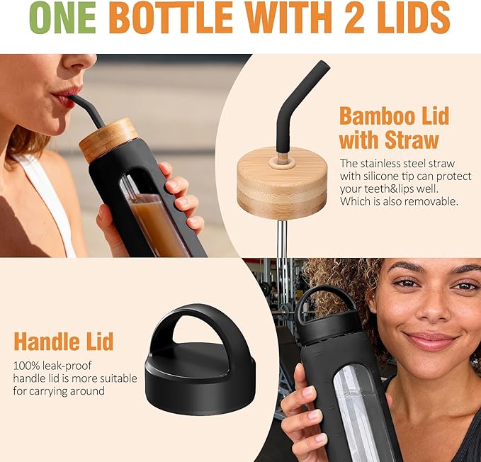 32 oz Glass Water Bottle, 1 Liter Glass Tumbler with Straw, Reusable Drinking Bottles with 2 Lids-Handle Lid&Bamboo Straw Lid, Silicone Sleeve, for Sports, Home,1 Pack-Black