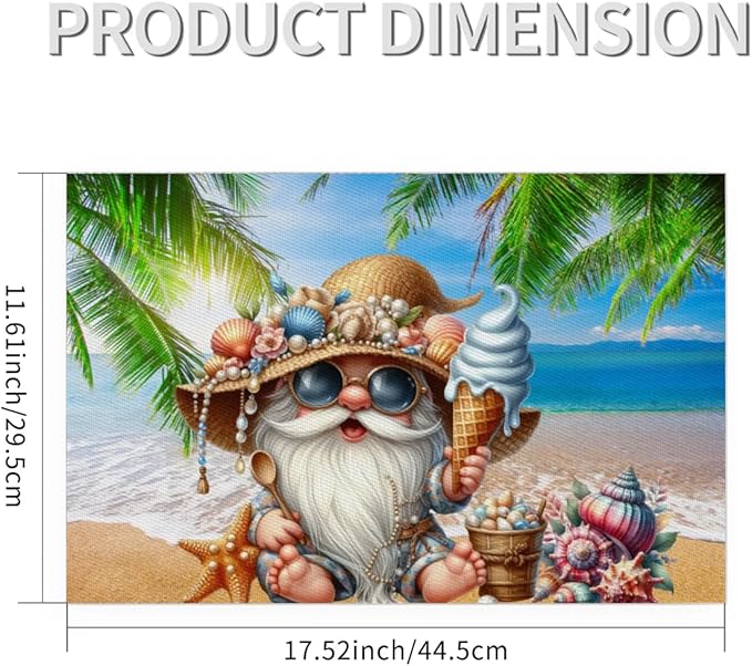PVC Placemats Set of 6 Summer Gnomes Cute Wipeable Table Mats Washable Heat Resistant Non Slip Vinyl Dining Table Mat for Kithen Indoor Outdoor Patio Farmhouse Place Mats Decorative