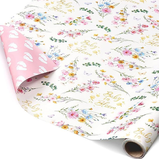 WERNNSAI Baby Wrapping Paper - 1 Roll 17 in x 16.4 ft Baby Shower Wrapping Paper Newborn Girls Gift Wrap Pink Reversible 1st Birthday Present Packing Decoration Foot Prints Design