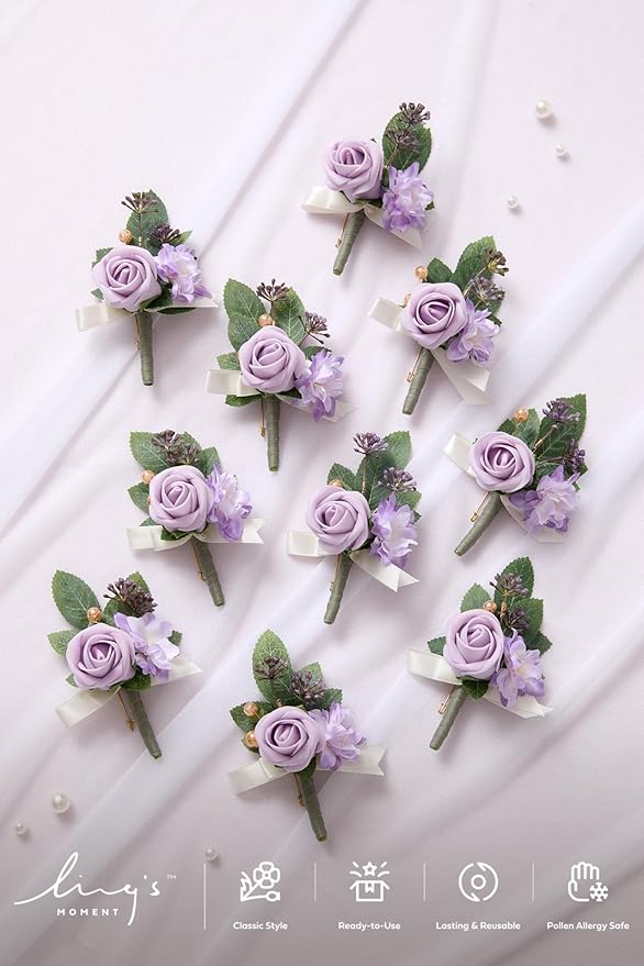 Ling's Moment Boutonniere for Men, 10pcs Groomsmen Guest Boutonniere, Artificial Flowers for Wedding Décor/Prom/Homecoming,etc.Purple Lilac