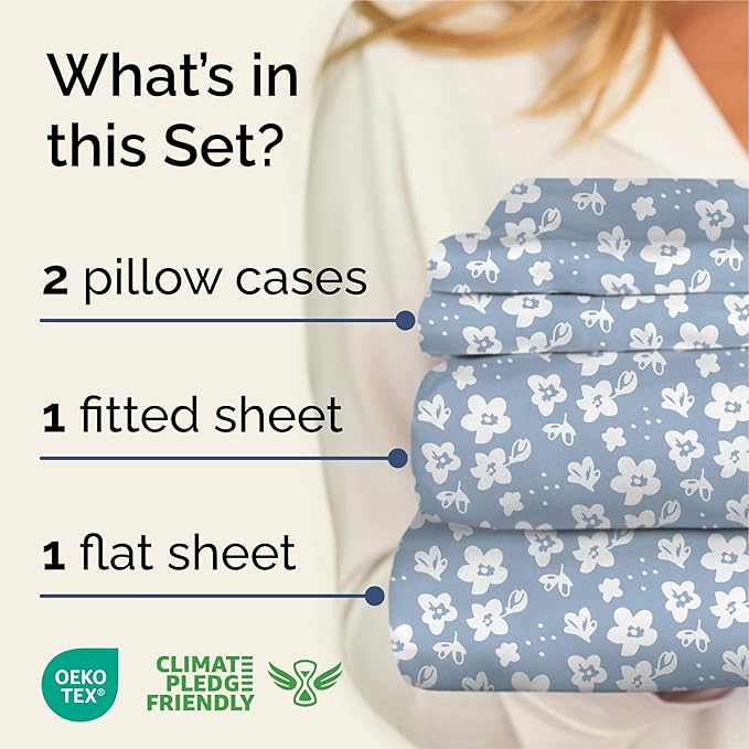 Floral Sheets - Blue Floral Bed Sheet Set - 1 Flat, 1 Fitted & 2 Pillowcases w/ Deep Pockets - Comfy, Wrinkle & Fade Free - Boho Botanical Bedding - Ultra-Soft, Breathable & Cooling - Queen Size Set