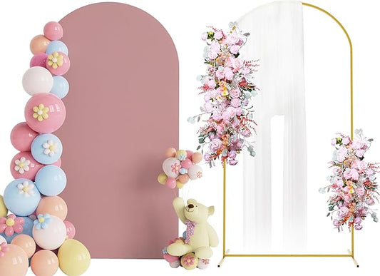 Putros 7.2ft Metal Arch Stand with Cover Light Dusty Rose Spandex Fitted Wedding Arch Cover and Round Top Chiara Backdrop Stand Set for Birthday Party Baby Shower Decoration