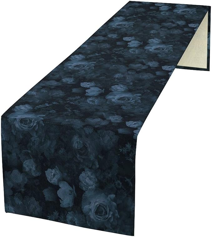 Gothic Flower Table Runner, Dark Navy Blue Flower Rose Vintage Garden Flowers Herbs Print Print Table Cover for Home Holiday Party Indoor Outdoor Decor, 13x120inch