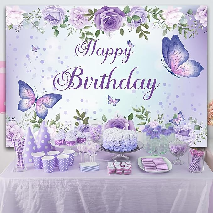 7x5Ft Butterfly Happy Birthday Backdrop Purple Butterfly Backdrop Rose Flowers Decorations Girls Birthday Party Backdground Decoration Cake Table Banner Happy Birthday Photography Background