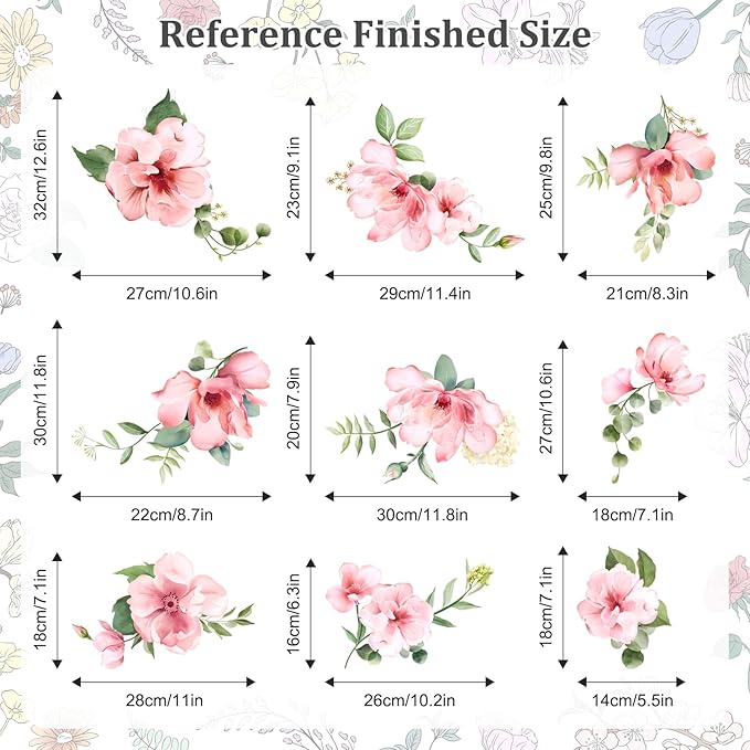 Pink Flower Wall Stickers, Spring Garden Floral Wall Decals 10 Sheets DIY Peel and Stick Wall Decal Self Adhesive Wall Art Decor for Bedroom Sofa Backdrop Cabinets Drawers