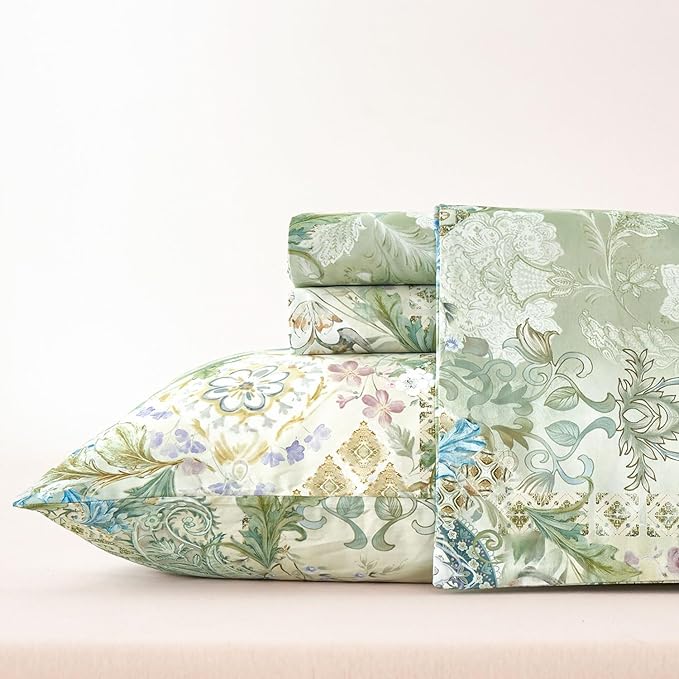 Zusbest Full Size Sheets Luxury Sage Green Floral Bed Sheet Set 100% Cotton, Satin Weave Soft Silky Breathable for Hot Sleepers American Country Style Vintage Flower Deep Pocket 17.5‘’ Bed Set 4Pcs
