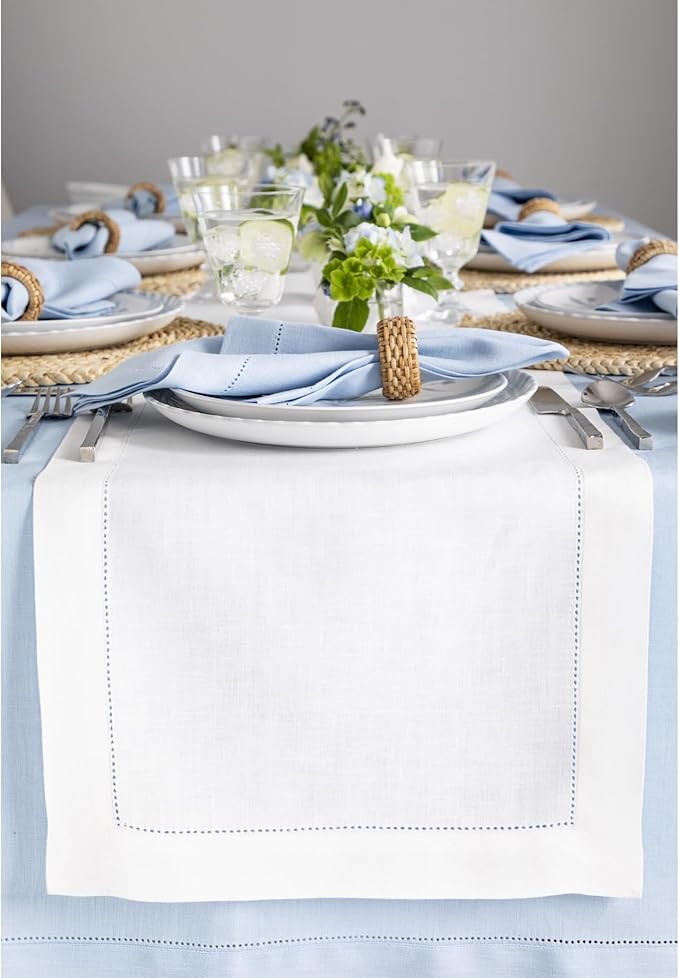 Solino Home Linen White Table Runner 144 Inches Long - 100% Pure Linen Extra Long Table Runner 14 x 144 Inch for Valentines, Spring, Easter - Classic Hemstitch