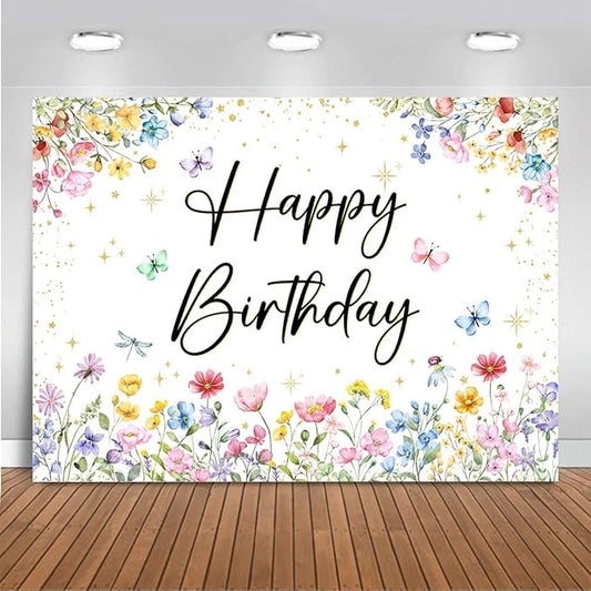 Mocsicka Wildflower Birthday Backdrop Decorations Girls Spring Garden Floral Photo Background Butterfly Wildflower Birthday Party Decorations