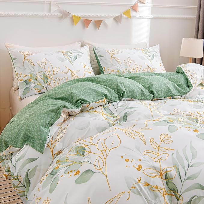 Nayoroom White Floral Duvet Cover Queen Size Green Gold Leaves Printed Reversible Botanical Comforter Cover 3 Pieces Soft Breathable Microfiber Cottagecore Bedding Set with Zipper Closure