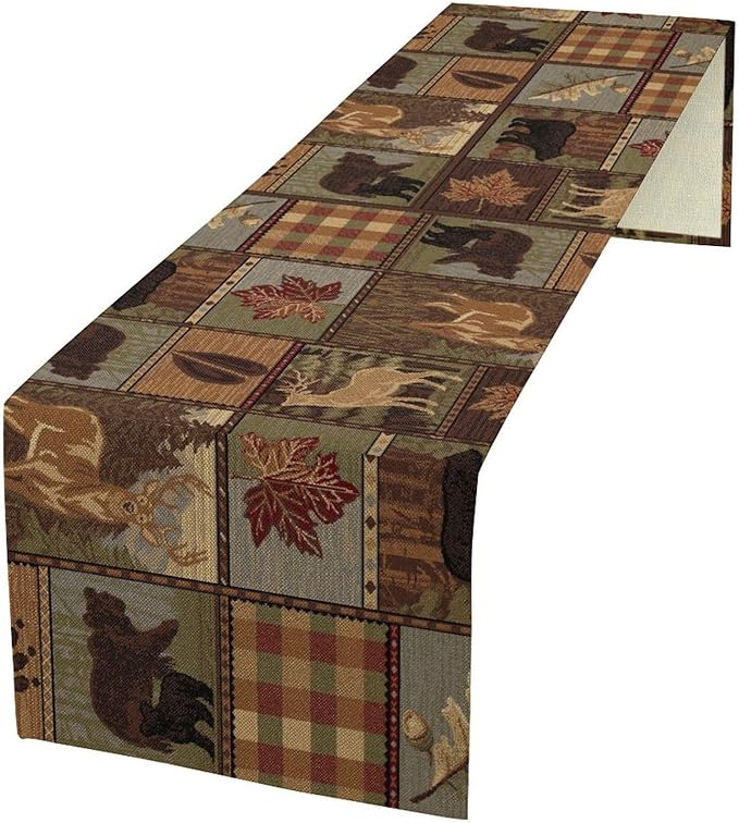 Rustic Bear Table Runner, Vintage Cottage Country Style Pine Tree Elk Wildlife Dinner Runner for Home Kitchen Dining Table Decoration 13"x70"