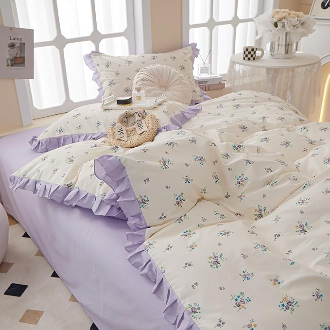 Lace Floral Duvet Cover Twin Cotton Purple Flower 3 Pieces Girls Comforter Cover Garden Style Princess Bedding Set Boho Botanical With Zipper Closure