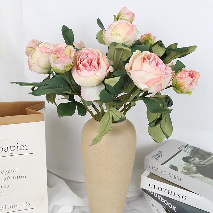 IPOPU Champagne Pink Peonies Artificial Flowers 5PCS 10heads Vintage Silk Peonies Silk Flowers Fake Peony Peach Flowers for Wedding Decoration Bride Bouquet Faux Flowers Floral Arrangement
