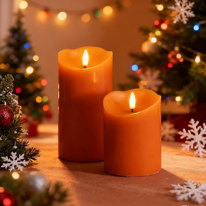 Eywamage Orange Flameless Pillar Candles with Remote, Christmas LED Wax Candles Holiday Table Centerpieces Decor Set of 3