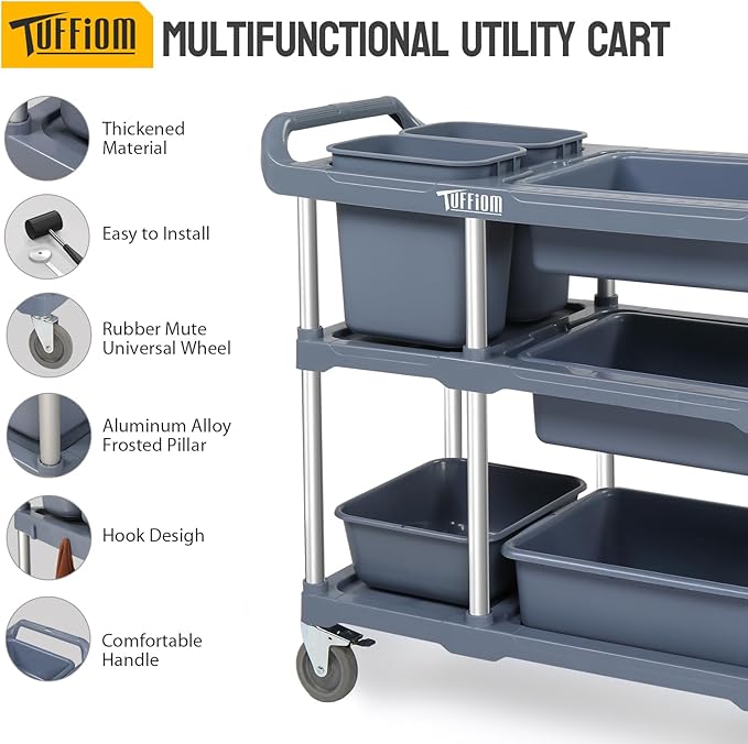TUFFIOM 3-Tier Plastic Service Storage Utility Cart with Wheels, Heavy Duty Multi-Function Mobile Shelving Unit Organizer, Ideal for Restaurant, Foodservice, Office, Warehouse, Grey