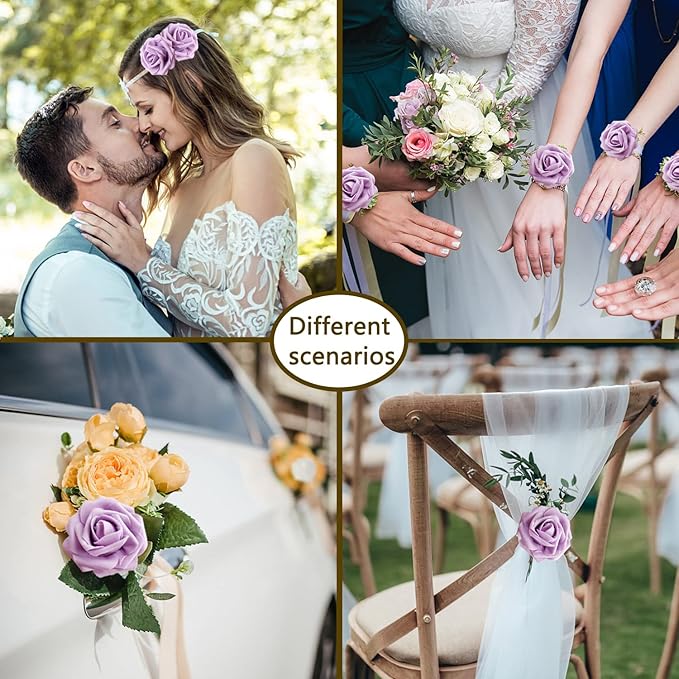 Artificial Roses Flowers 50pcs Real Looking Foam Fake Roses with Stems for DIY Wedding Bouquets Bridal Shower Centerpieces Party Decorations (50, Light Purple)