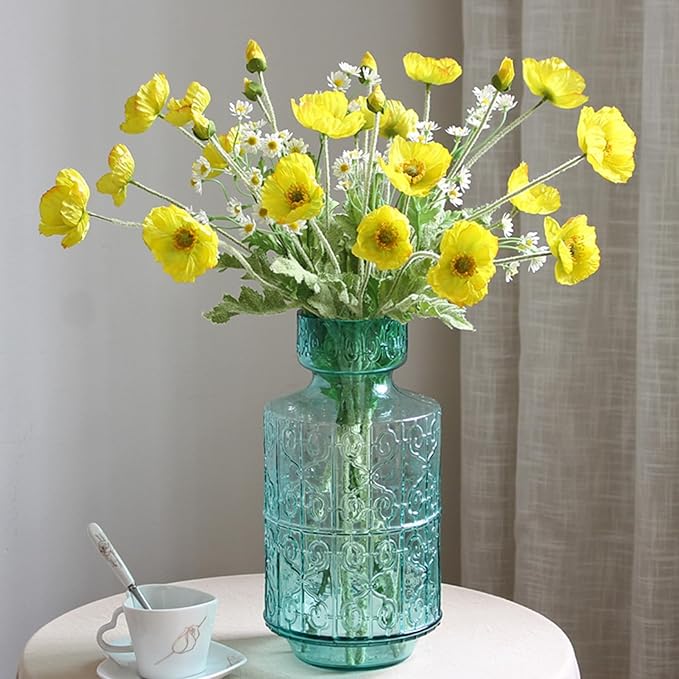 2 Pcs Artificial Fake Flowers Plants Poppies Silk Flower Arrangements Wedding Bouquets Decorations Plastic Floral Table Centerpieces for Home Kitchen Garden Party Decor Approx 23.6" High - Yellow