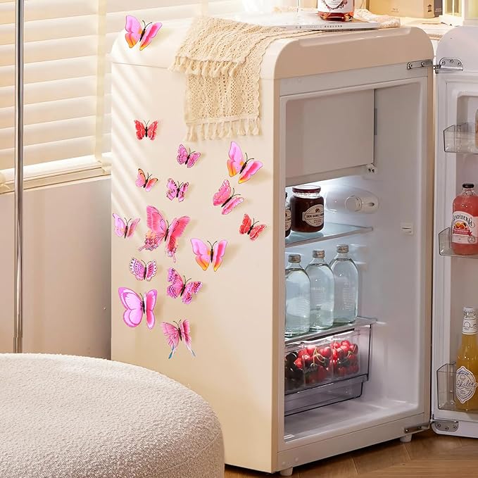 SAOROPEB 3D Butterfly Wall Decor, 72 Pcs Double Layer Butterfly Decorations for Party Decorations Locker Decor Refrigerator Decal, Reusable (Pink)