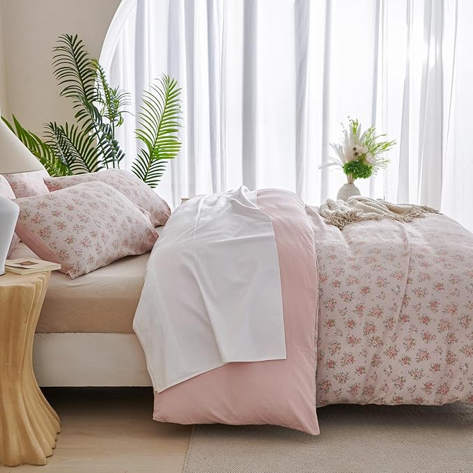 Comforter Set Queen Size Floral Soft 3 Pieces Chic Crinkle Gauze Fabric Garden Style Flower Print Botanical Comforter for All Seasons Luxury Warmth Comfy Breathable with 2 Pillowcases
