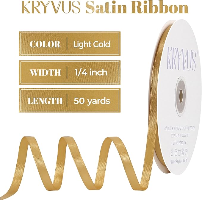 Light Gold Satin Ribbon, Double Faced 1/4 Inch X 50 Yards Light Gold Ribbon, Premium Satin Ribbon for Gift Wrapping, Crafts, Hair Bow Making, Sewing, Flower Bouquet, Wedding Party Decor