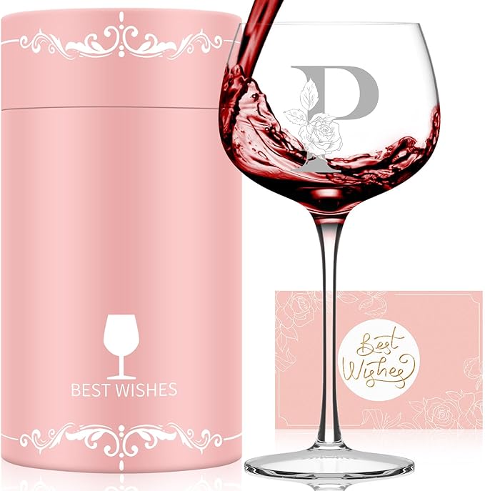 Personalized Gifts for Women, Monogrammed A-Z Wine Glass Customized Gift, Unique Christmas Birthday Gifts for Women Her Mom Friend Sister Wife Daughter Nurse (P)