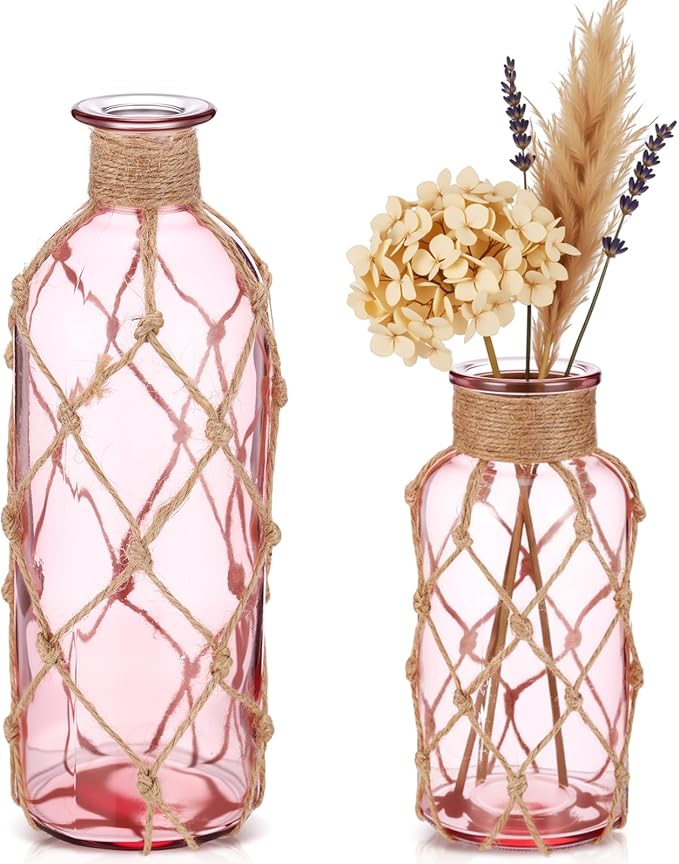 Chuangdi Set of 2 Coastal Glass Vases for Flower Small Flower Vase with Boho Rope Wrapping Beach Decorative Bottle for Coastal Nautical Table Centerpiece Wedding Floral Arrangement Decor(Pink)