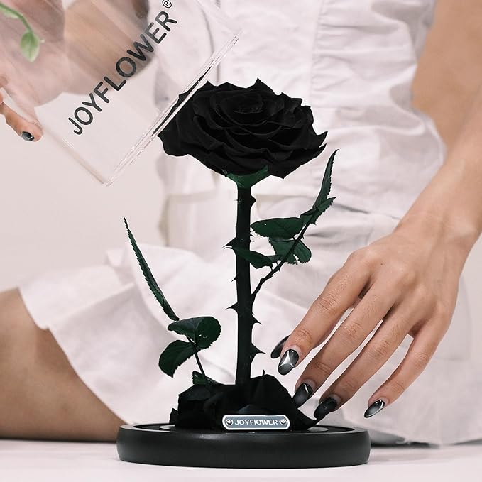 JoyFlower Single Rose Real Rose Flower Gifts for Mom from Daughter Son, Birthday Gifts for Women, Eternal Rose Preserved Flowers for Delivery Prime for Christmas Valentine's Mothers Day(Black)