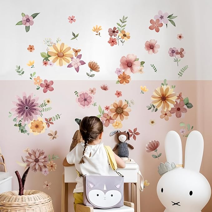 Retro Boho Wildflower Wall Stickers, Vintage Garden Floral Wall Decals 7 Sheets DIY Peel and Stick Wall Decal Self Adhesive Home Decor for Bedroom Offices Sofa TV Backdrop Wall