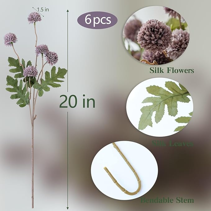 mizii 6Pcs Fake Silk Pompon Mum Artificial Flowers Bulk Small Faux Chrysanthemums with Stems Realistic Floral Decorations for Wedding DIY Bouquet Centerpieces Shower Vase Home Decor (Gray Purple)