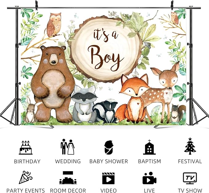 12x8ft Woodland Baby Shower Backdrop It's a Boy Photography Background Jungle Green Grass Leaves Animals Bear Fox Deer Baby Boys Party Banner Decorations Newborn Portrait Photo Booth Prop