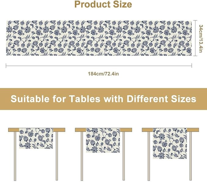 Boho Floral Table Runner, Navy Blue Paisley Flower Traditional Porcelain Vintage Decor Table Runner for Kitchen Dining Party, 13x60 Inch
