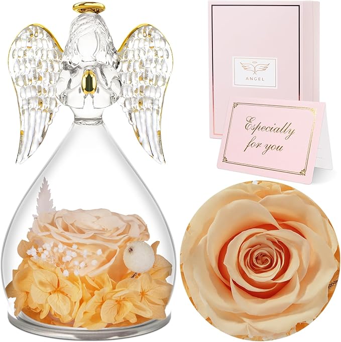 Sunia Preserved Flower Rose Gift for Women - Mother's Day Birthday Gifts for Mom Wife Grandma, Glass Angel Figurines Forever Real Roses Gifts for Her Valentine Day Thanksgiving﻿ (Champagne)