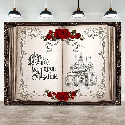 10x8ft Once Upon a Time Backdrop Princess Castle Wedding Party Photography Background Fairytale Book Romantic Story Red Roses Bridal Shower Decorations Birthday Portrait Photo Booth Prop