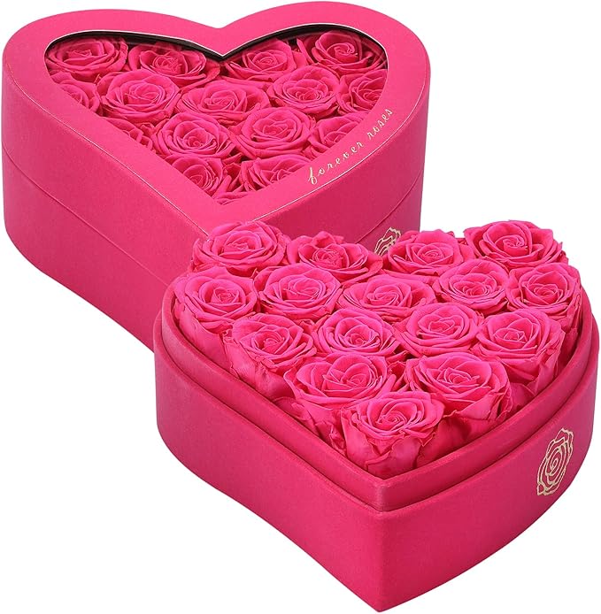 16 Forever Flowers in Heart Shaped Box - Preserved Roses Romantic Gifts for Her, Valentine’s Day, Anniversary, Wedding (Magenta)