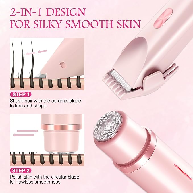 2025 New 2 in 1 Bikini Trimmer for Women, Bikini Shaver with Dual Head, Painless Smooth Shave & Gentle Pubic Hair Removal, Cordless & IPX7 Waterproof Electric Trimmer for Sensitive Skin (Pink)