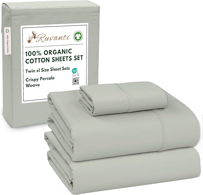 RUVANTI 100% Organic Cotton Sheets Twin XL, Percale Weave, GOTS Certified, 3-Piece Set, Deep Pocket 15", Crisp & Breathable, Soft Durable Bedding, Sábanas Algodón Orgánico – Mineral Gray