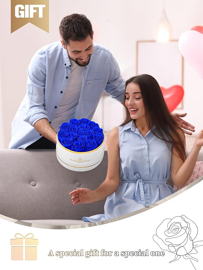 Preserved Roses Forever Flowers Real Roses in a Box Mother's Day Birthday Flowers for Her Mom Women Wife Valentine's Day, 16 Royal Blue Roses