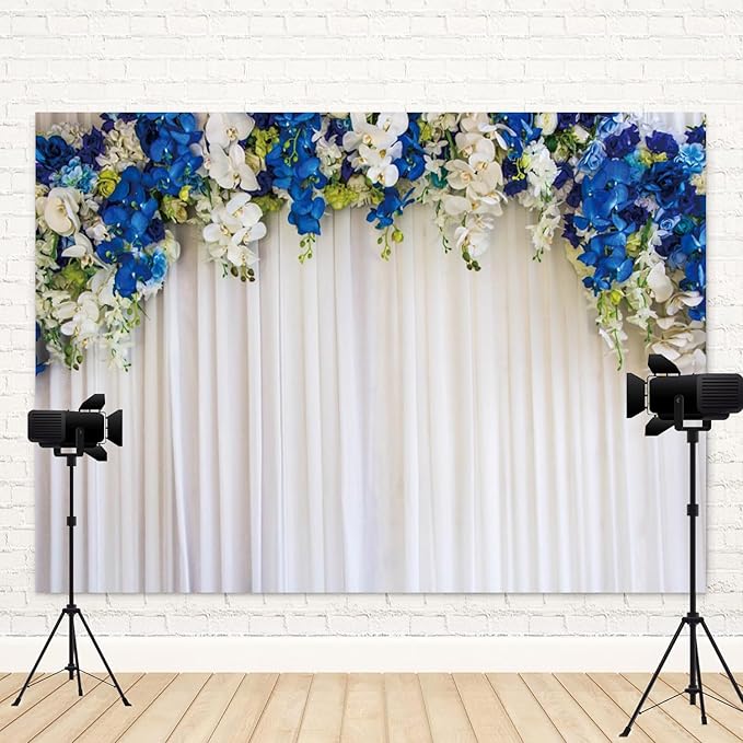 5x3ft White Wedding Backdrop White Blue Floral Flowers Photography Background Bride Groom Ceremony Party Bridal Shower Banner Decorations Engagement Proposal Portrait Photo Booth Prop
