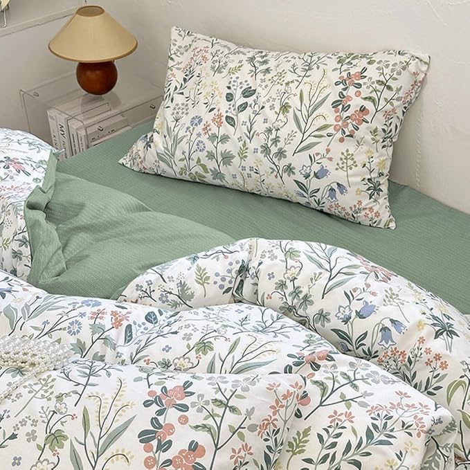 EAVD Vintage Style Garden Botanical Duvet Cover King Soft Cotton Chic Shabby Colorful Leaves Floral Bedding Set with 2 Pillowcases Fresh Floral Duvet Cover with Zipper Closure