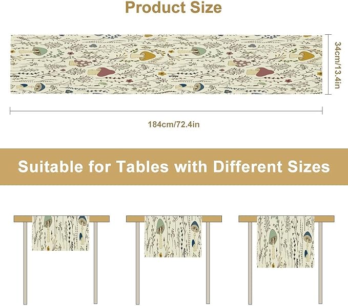 Mushroom Table Runner,Colorful Wild Plants and Fungus Botanical Plants Pattern Print Burlap for Hotel Indoors Outdoor Dining Room Kitchen Holiday Party, 13x90in