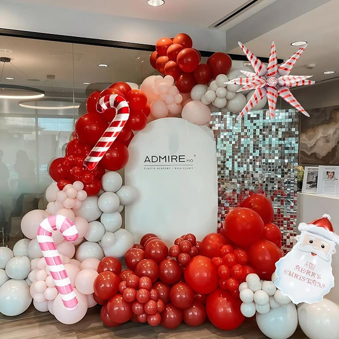 130 Pcs Christmas Balloon Arch Kit, Red Pink White Latex Balloons Garland with Santa Candy Cane Star Foil Mylar Balloon for Xmas Christmas New Year Winter Holiday Baby Shower Birthday Party Decoration