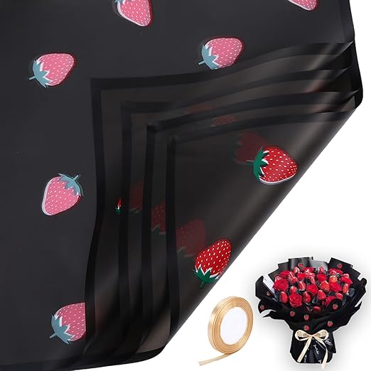 20 Sheets Bouquet Wrapping Paper, 22.4Inch Black Strawberry Pattern Flower Floral Wrapping Paper Black Floral Paper for Bouquets Kit, Waterproof Decorations with Ribbon for DIY Crafts Wedding Birthday Party