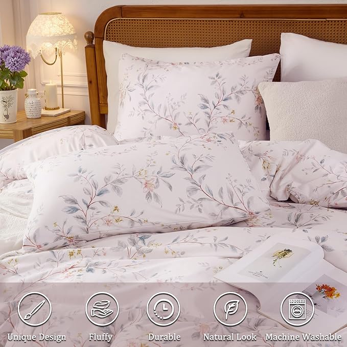 Floral Duvet Cover King Size - 100% Nature Cotton Reversible Grayish Flower Bedding Set with Zipper Closure, 3 Pieces Soft & Breathable Beige Comforter Cover
