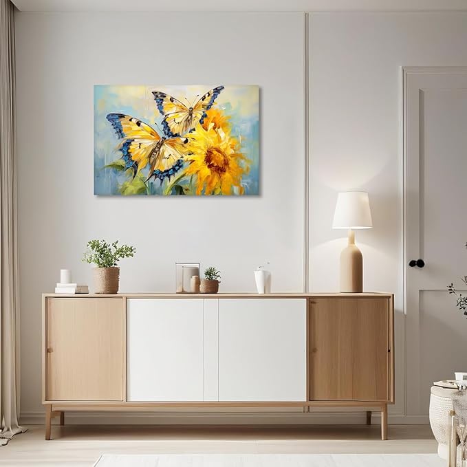 KPLUNDO Butterfly Wall Art Sunflower Picture Abstract Landscape Painting Modern Aesthetics Artwork for Living Room Office Home Wall Decor Stretched and Framed Ready to Hang(Art-5,16.00x24.00 inch)
