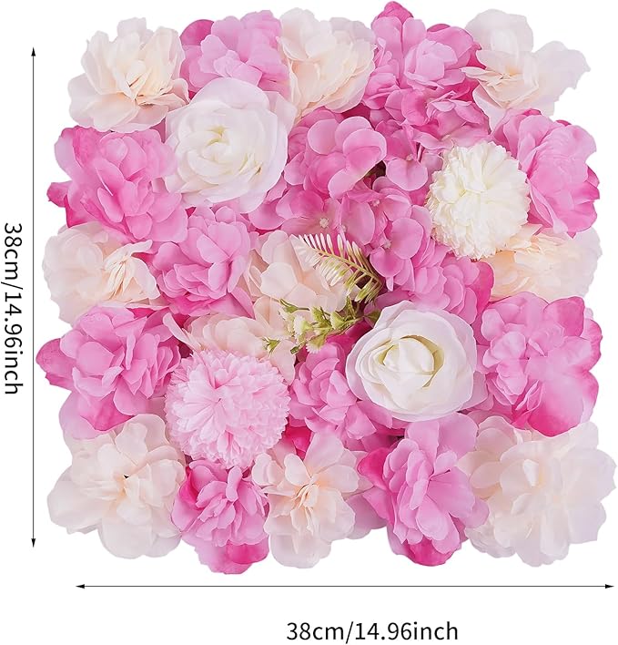 12pcs Artificial Flower Panels, 3D Floral Mat Silk Hydrangea Rose Floral Panel for Wedding Backdrop Wall Decor Shop Photo Backdrop, Festival & Event Wall Décor (15 x15in, Pink)